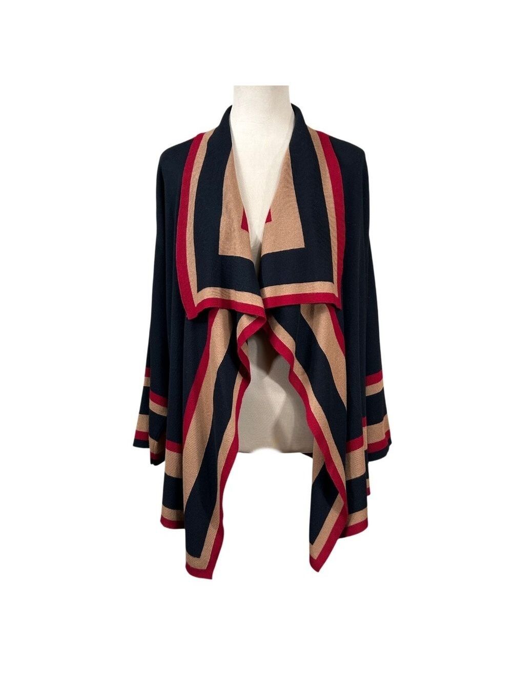 Anne Klein Black Red Tan Color Blocked Shawl Collar Cardigan Sweater Size L/XL